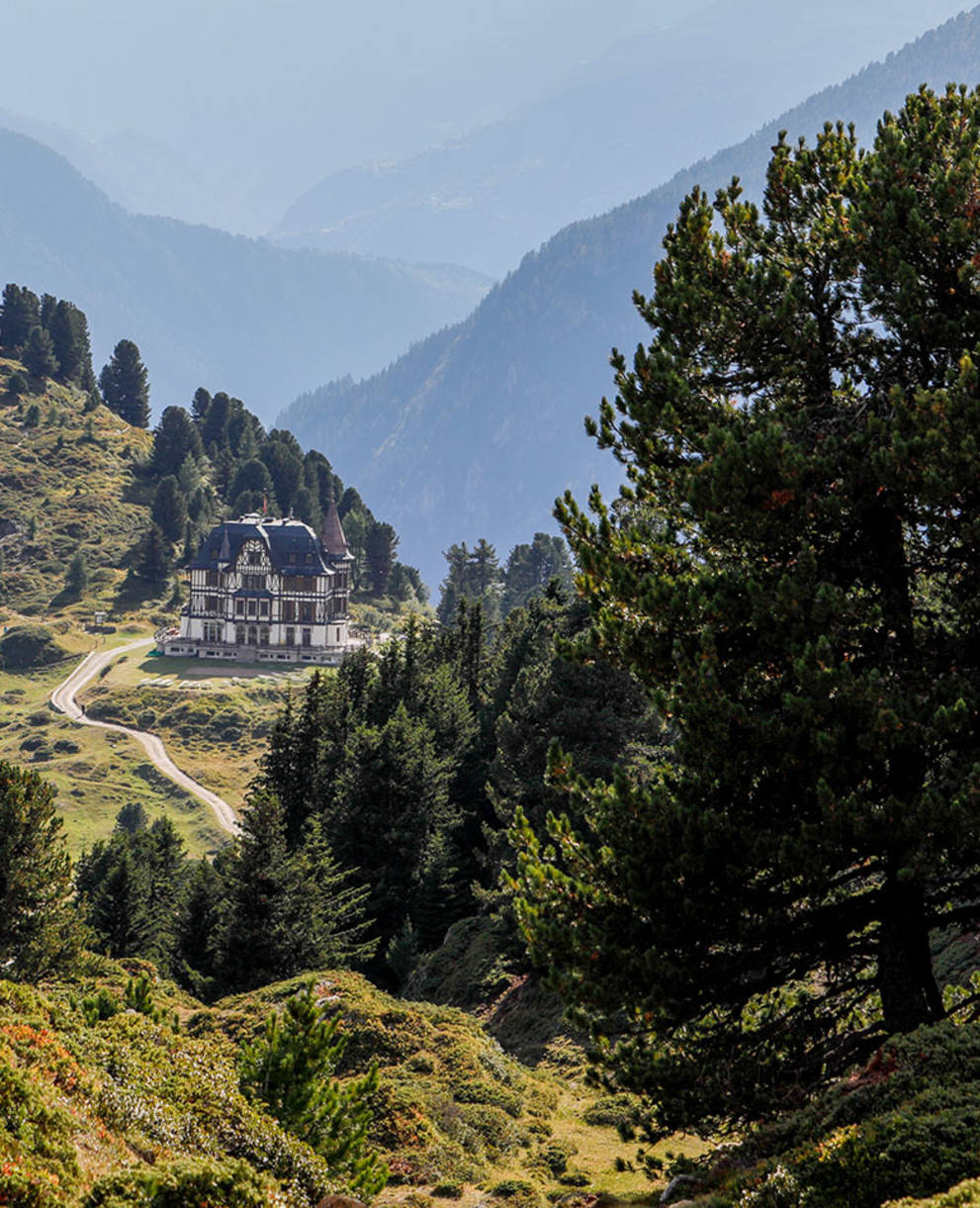 La forêt d’Aletsch, aujourd’hui nonagénaire, avec vue sur le Centre Pro Natura installé dans les murs historiques de la Villa Cassel.