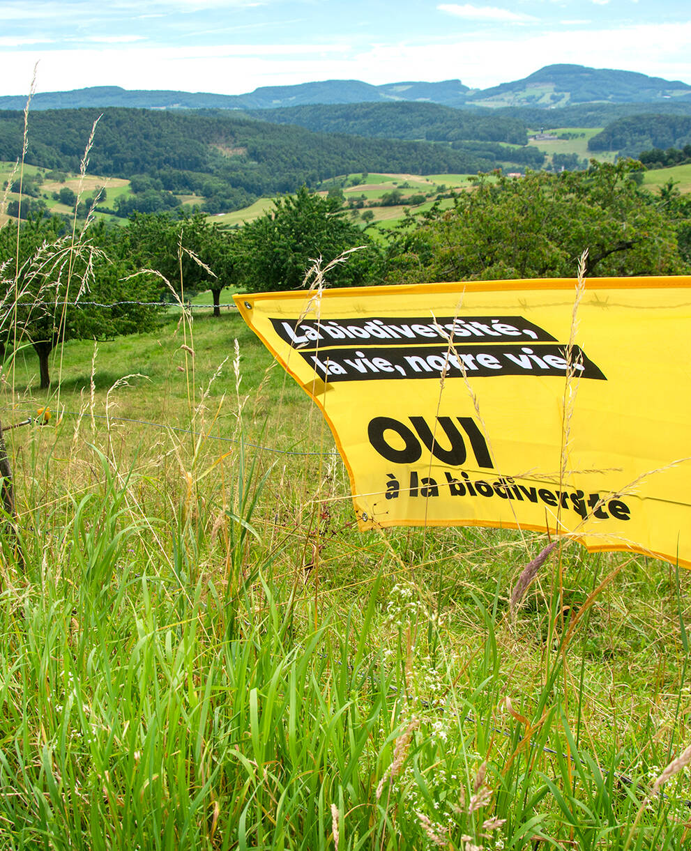 Drapeau de la campagne Oui à la biodiversité accroché au bord du chemin le 22 septembre